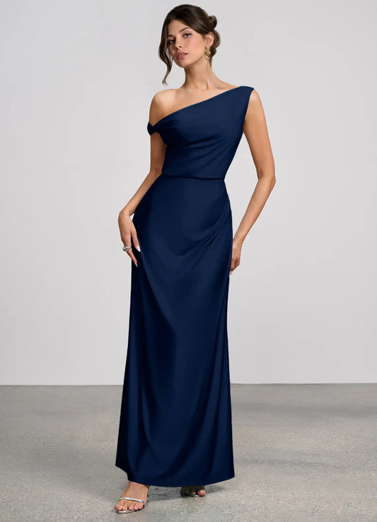 Navy Mermaid Off-Shoulder Satin Asymmetric Floor-Length Wedding Dress - Yihuiw by Yihuiw