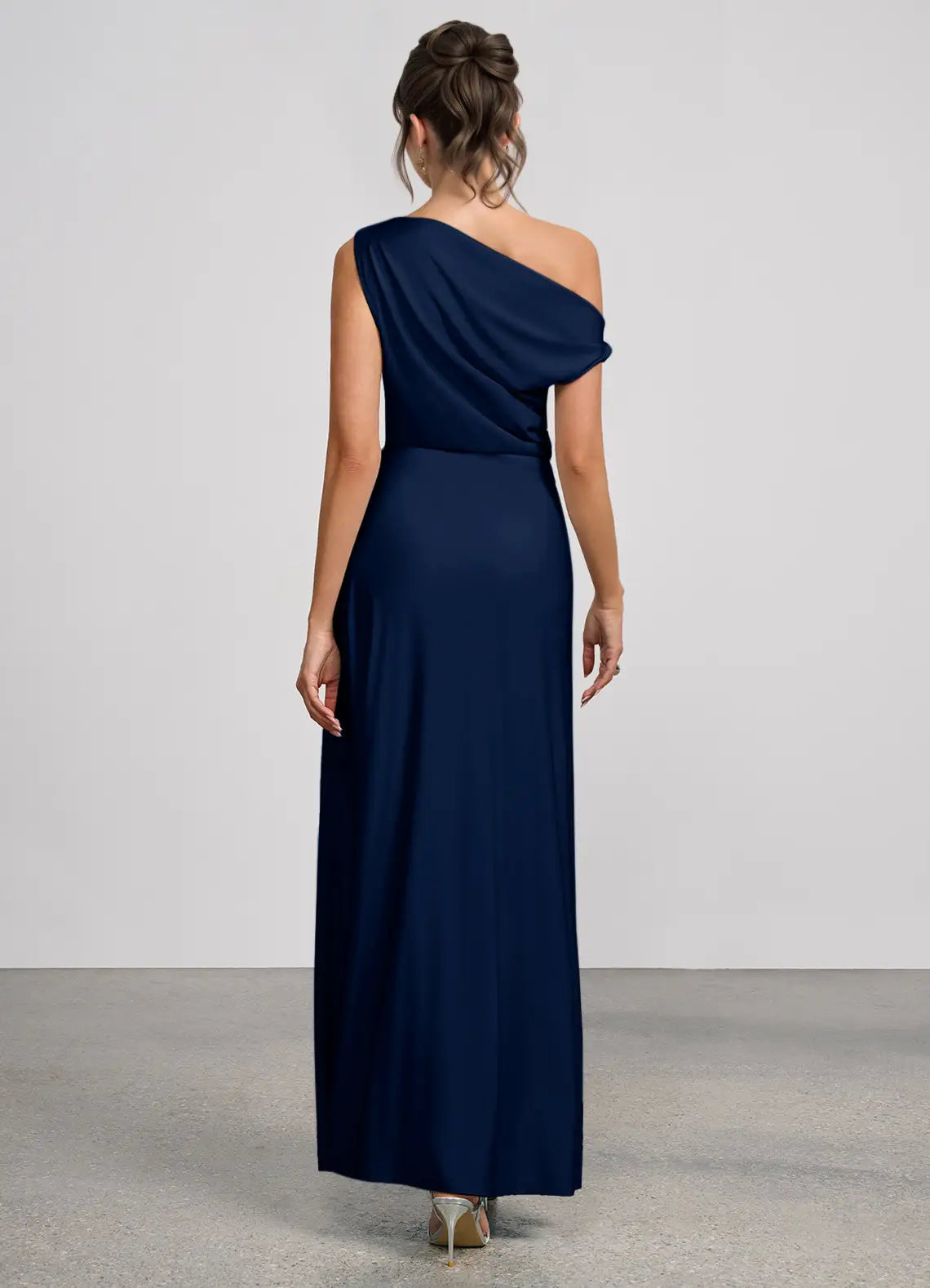 Navy Mermaid Off-Shoulder Satin Asymmetric Floor-Length Wedding Dress - Yihuiw by Yihuiw