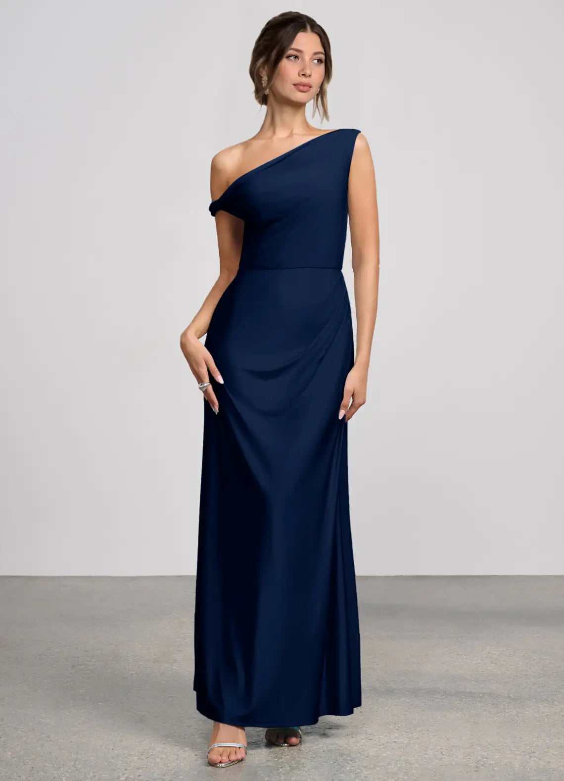 Navy Mermaid Off-Shoulder Satin Asymmetric Floor-Length Wedding Dress - Yihuiw by Yihuiw