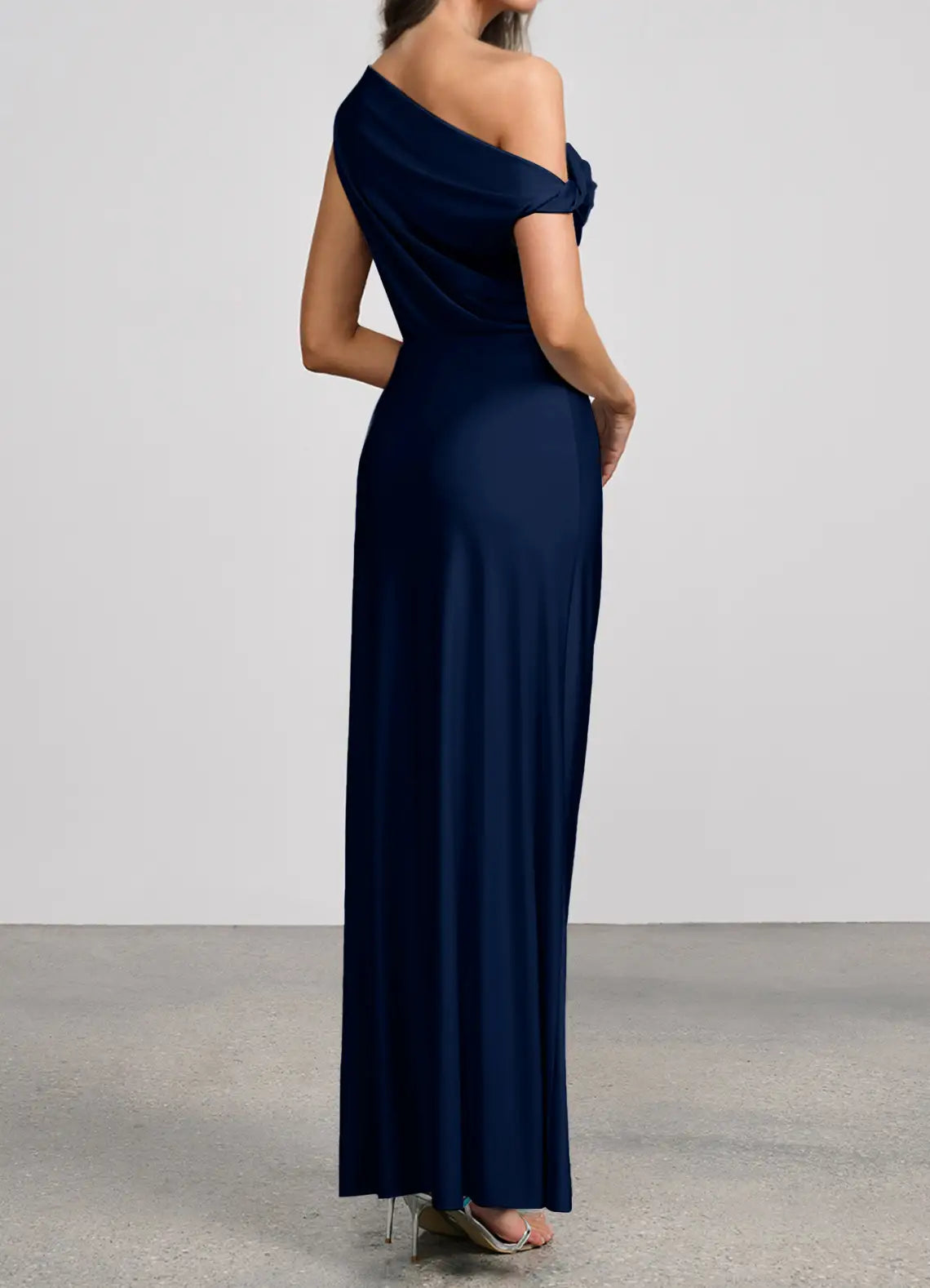 Navy Mermaid Off-Shoulder Satin Asymmetric Floor-Length Wedding Dress - Yihuiw by Yihuiw