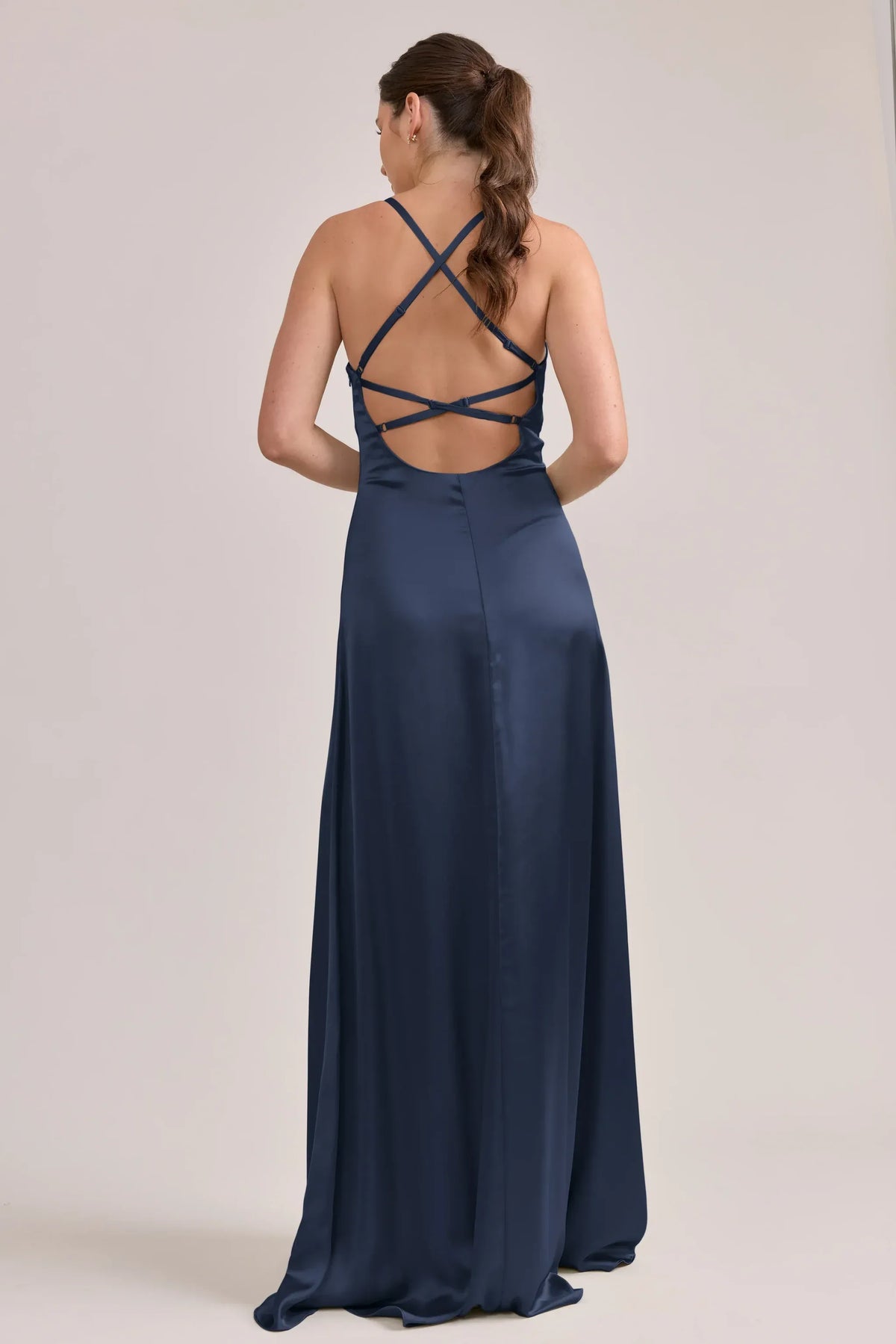Navy Blue A-Line V-Neck Satin Wedding Dress - Yihuiw by Yihuiw