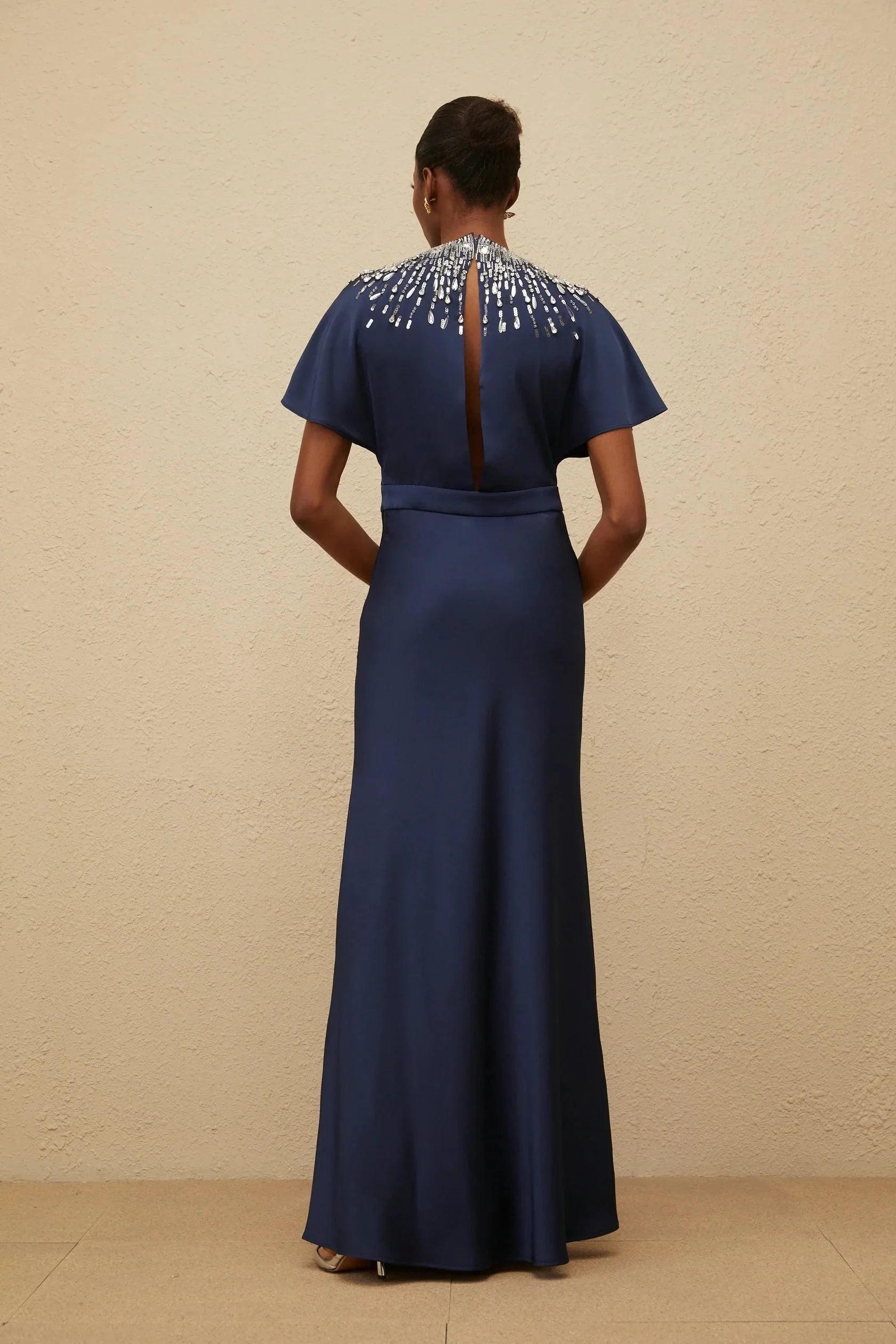 Blue Embellished Satin Maxi Dress Navy Blue Beaded Neck Maxi Dress with Flutter Sleeves Evening Dress by YiHuiw