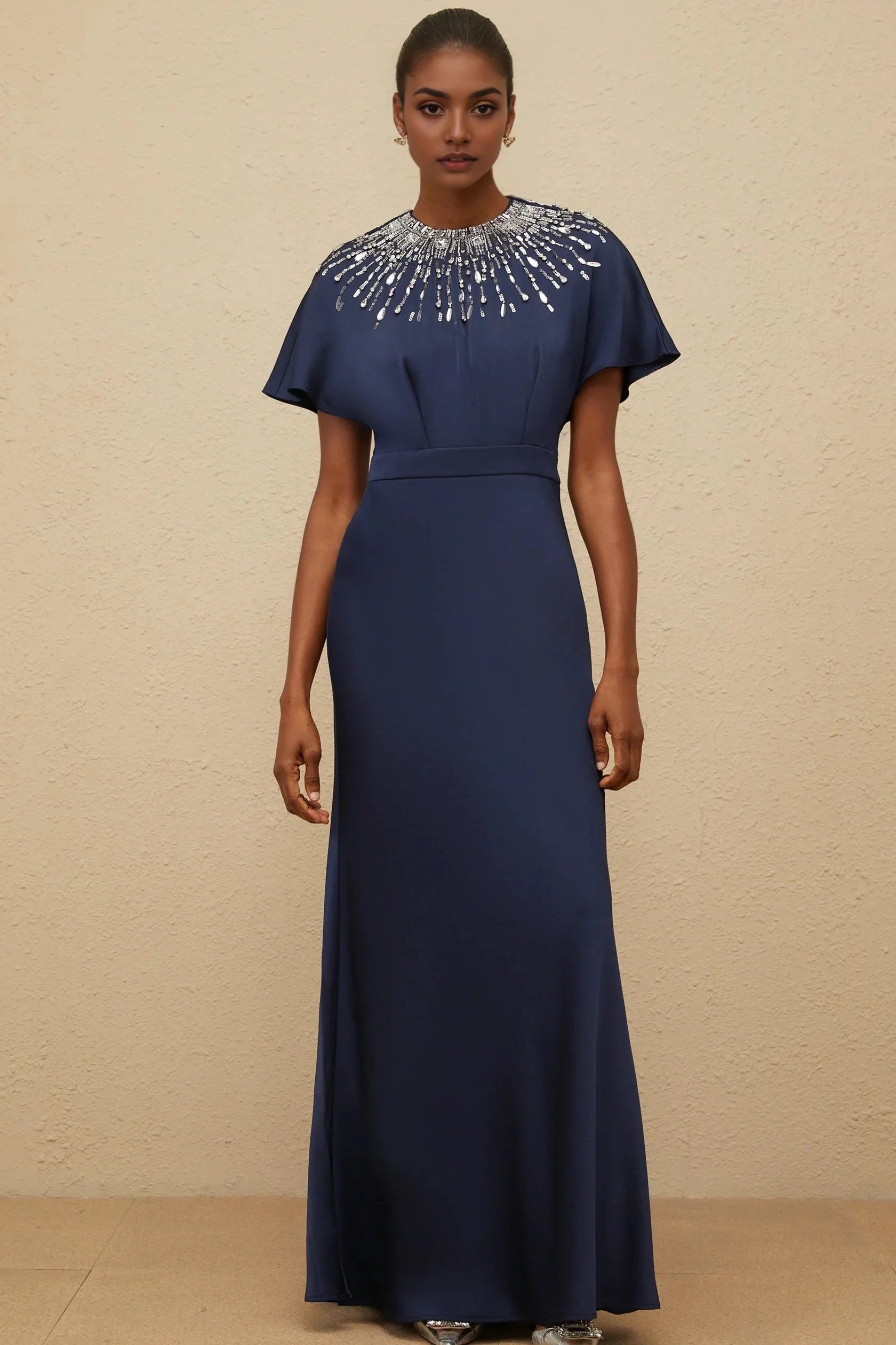 Blue Embellished Satin Maxi Dress Navy Blue Beaded Neck Maxi Dress with Flutter Sleeves Evening Dress by YiHuiw
