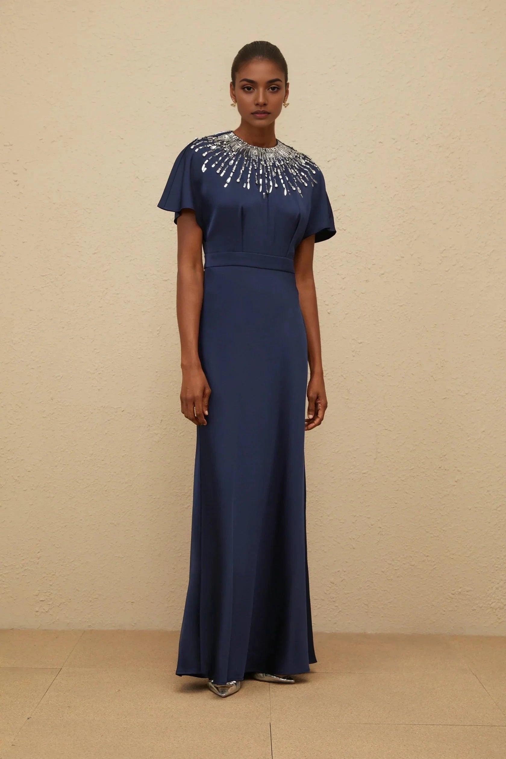 Blue Embellished Satin Maxi Dress Navy Blue Beaded Neck Maxi Dress with Flutter Sleeves Evening Dress by YiHuiw