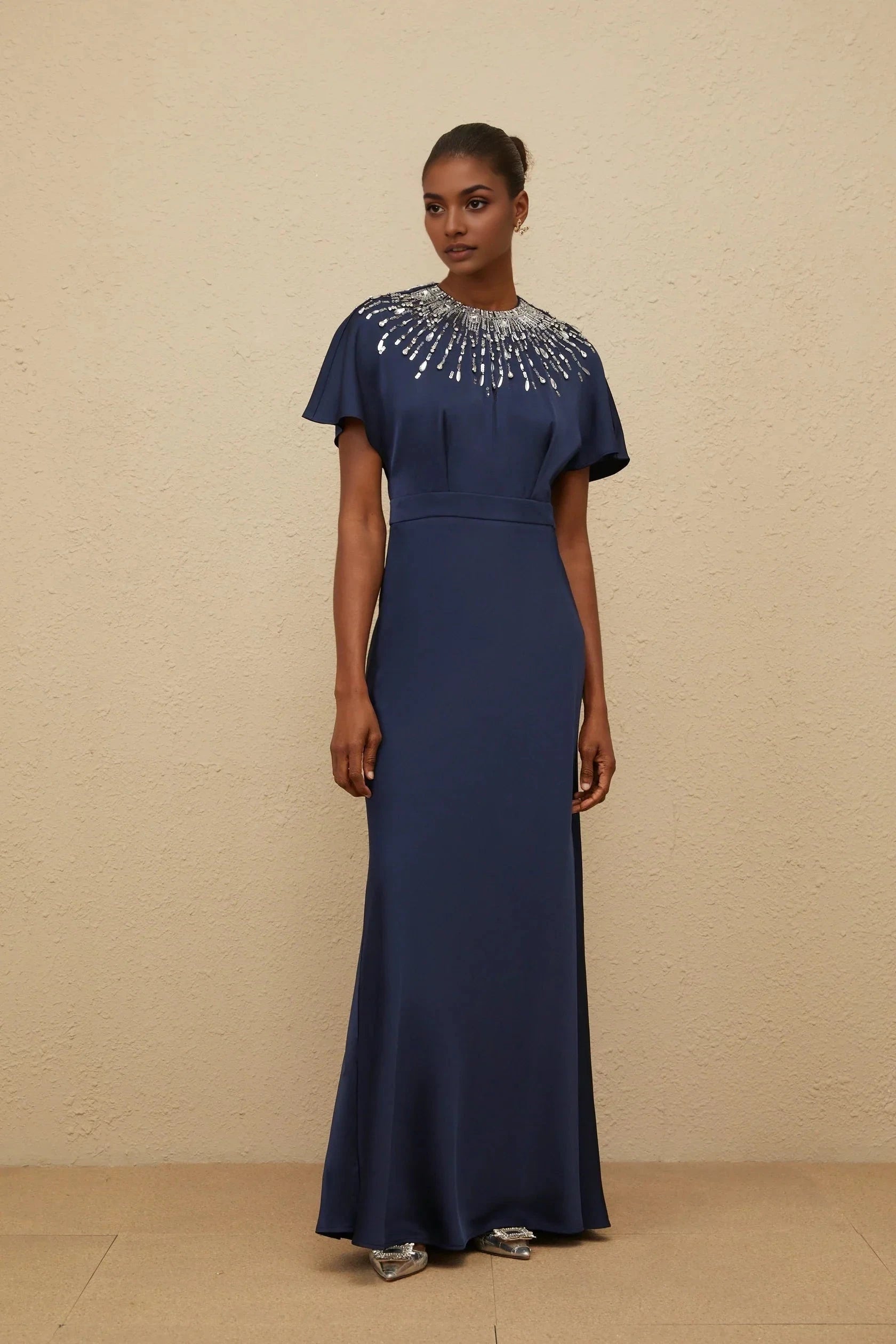 Blue Embellished Satin Maxi Dress Navy Blue Beaded Neck Maxi Dress with Flutter Sleeves Evening Dress by YiHuiw