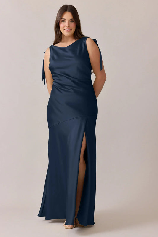 Navy Blue Mermaid Cowl Neck Satin High Slit Wedding Dress - Yihuiw by Yihuiw