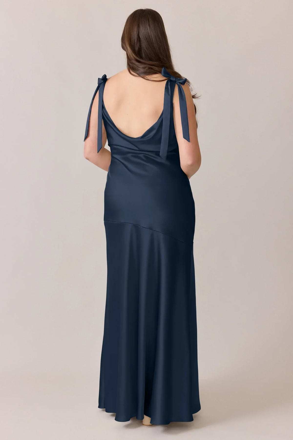Navy Blue Mermaid Cowl Neck Satin High Slit Wedding Dress - Yihuiw by Yihuiw
