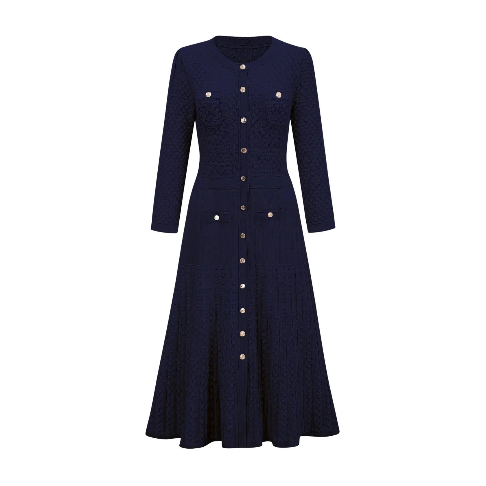 Navy Blue Button - Front Midi Dress with Textured Detail knitted long-sleeve midi dress in Blue Evening Dress by YiHuiw