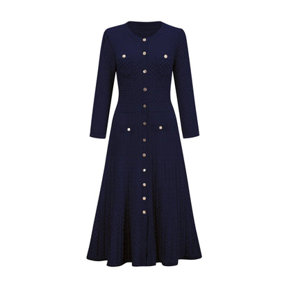 Navy Blue Button - Front Midi Dress with Textured Detail knitted long-sleeve midi dress in Blue Evening Dress by YiHuiw