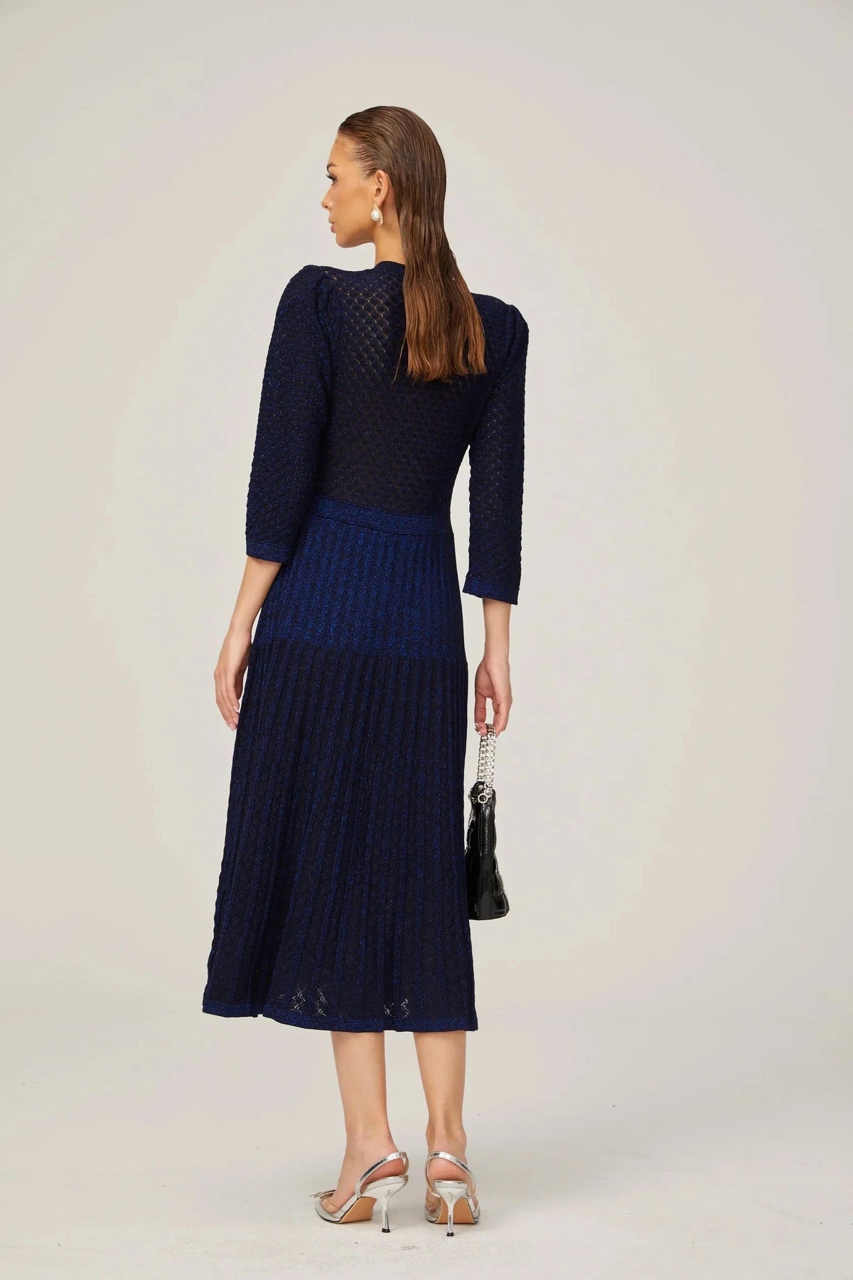Navy Blue Button - Front Midi Dress with Textured Detail knitted long-sleeve midi dress in Blue Evening Dress by YiHuiw