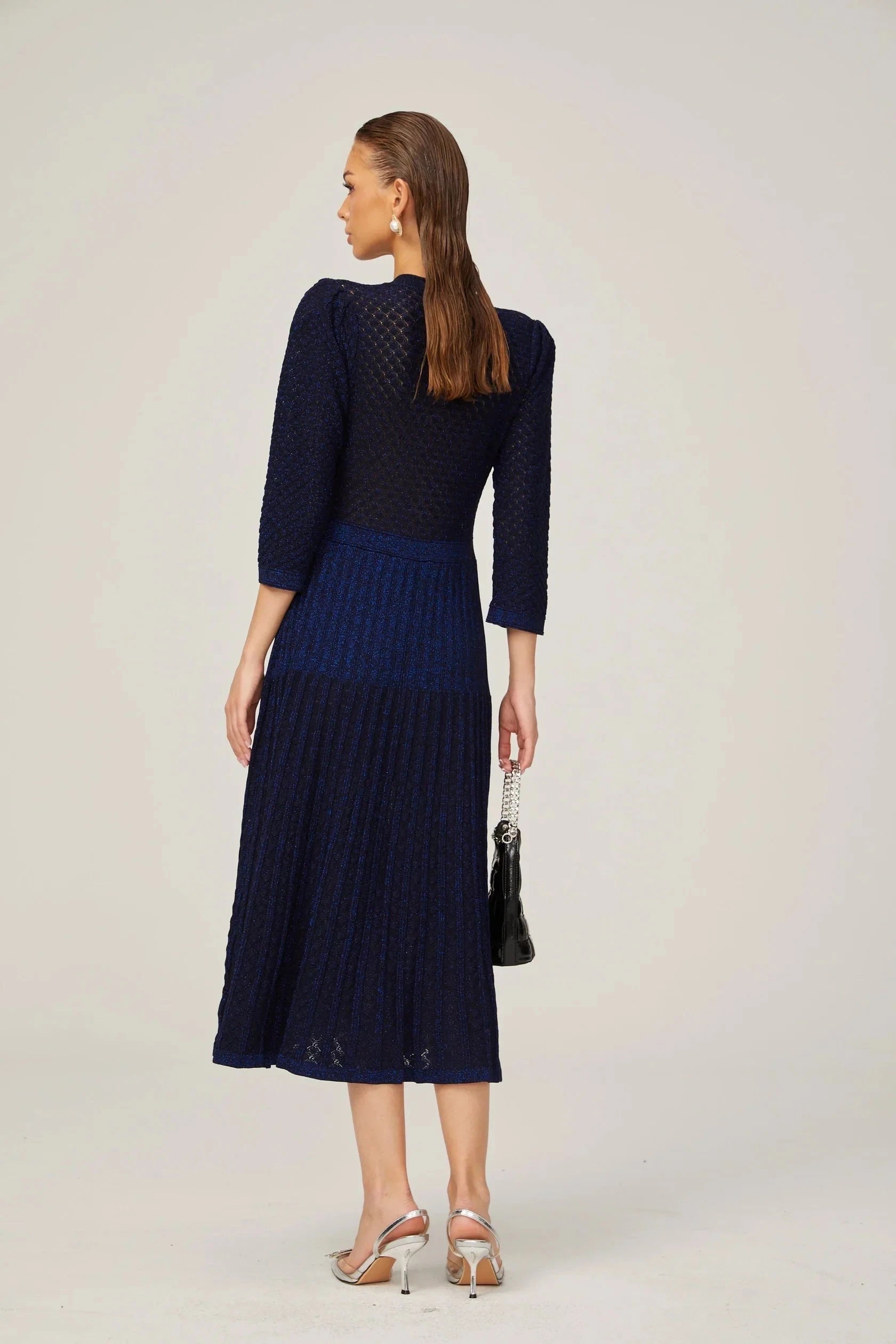 Navy Blue Button - Front Midi Dress with Textured Detail knitted long-sleeve midi dress in Blue Evening Dress by YiHuiw