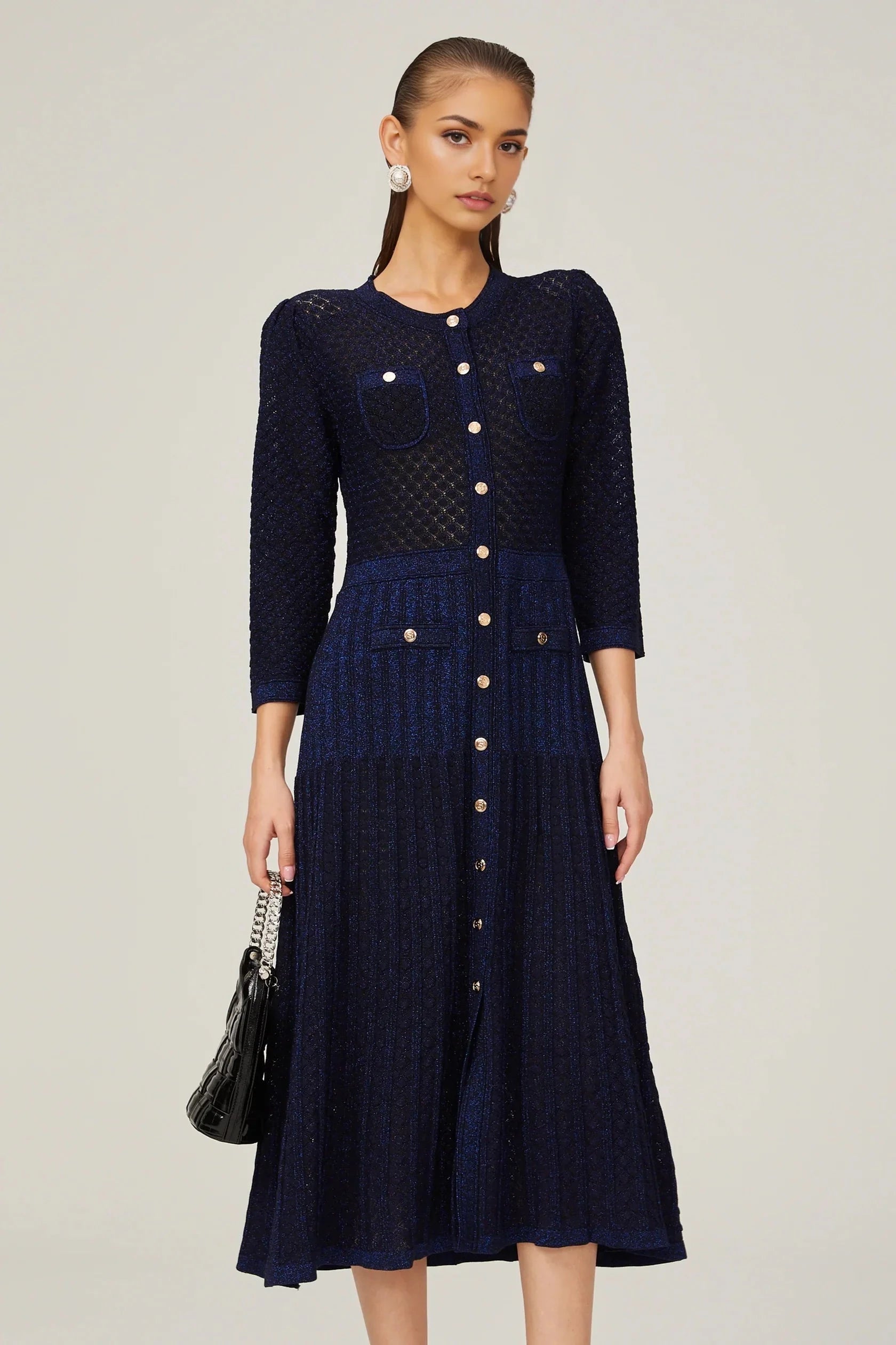 Navy Blue Button - Front Midi Dress with Textured Detail knitted long-sleeve midi dress in Blue Evening Dress by YiHuiw