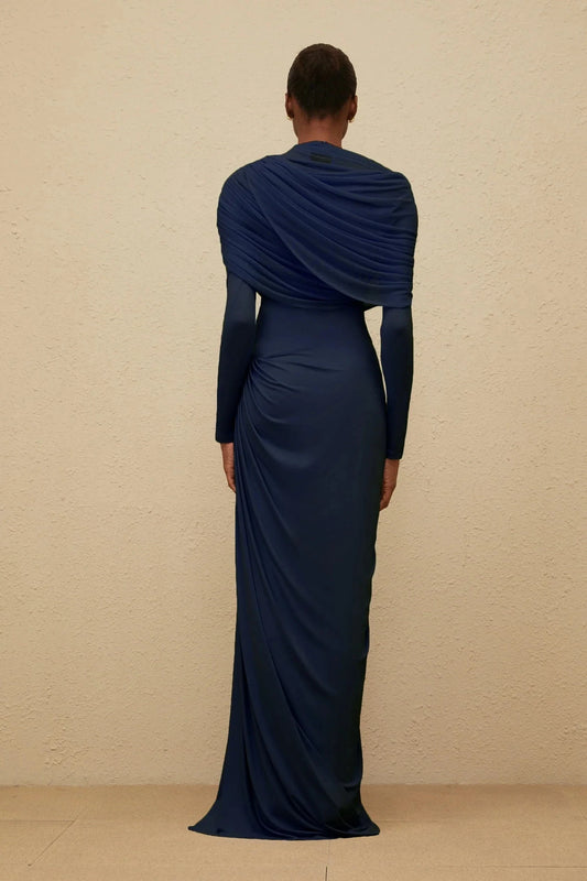 Navy Blue Draped Long Sleeve Maxi Dress Catherine Navy-Blue Asymmetrical Pleated Long-Sleeve Maxi Dress Evening Dress by YiHuiw