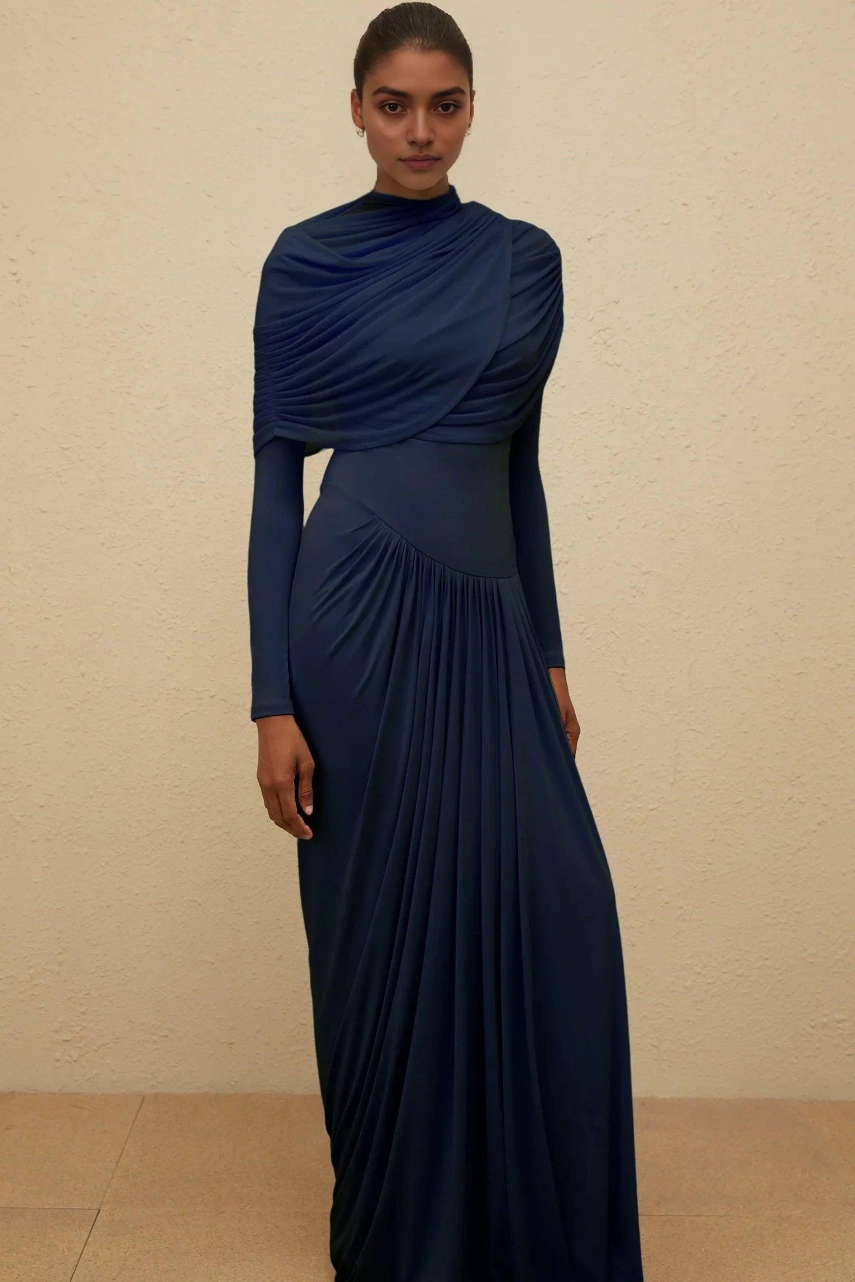 Navy Blue Draped Long Sleeve Maxi Dress Catherine Navy-Blue Asymmetrical Pleated Long-Sleeve Maxi Dress Evening Dress by YiHuiw