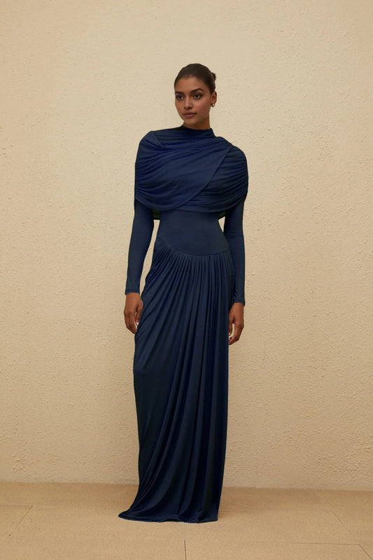 Navy Blue Draped Long Sleeve Maxi Dress Catherine Navy-Blue Asymmetrical Pleated Long-Sleeve Maxi Dress Evening Dress by YiHuiw
