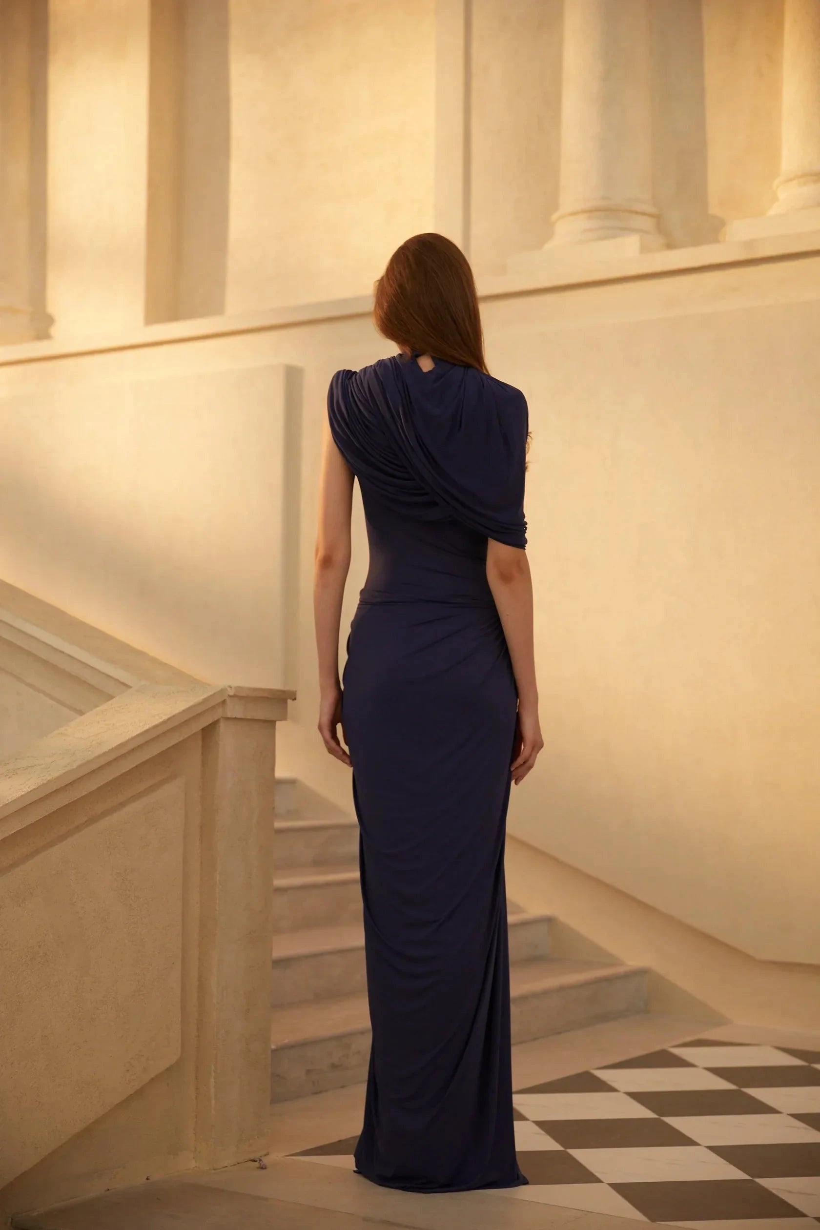 Navy Blue Draped One - Shoulder Maxi Dress Maxi Dress Evening Dress by YiHuiw