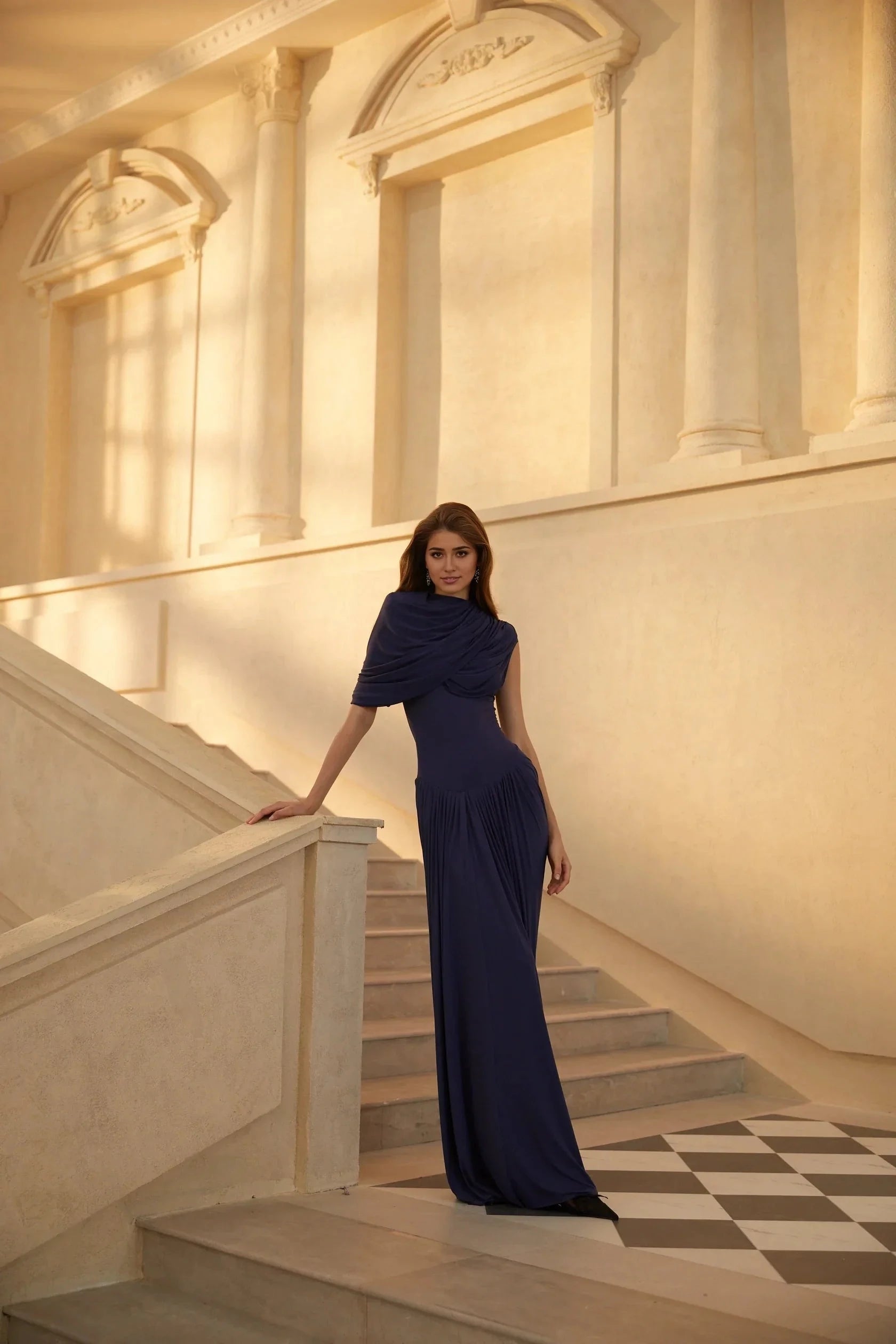 Navy Blue Draped One - Shoulder Maxi Dress Maxi Dress Evening Dress by YiHuiw