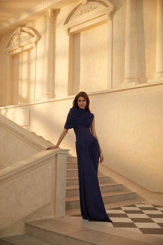 Navy Blue Draped One - Shoulder Maxi Dress Maxi Dress Evening Dress by YiHuiw