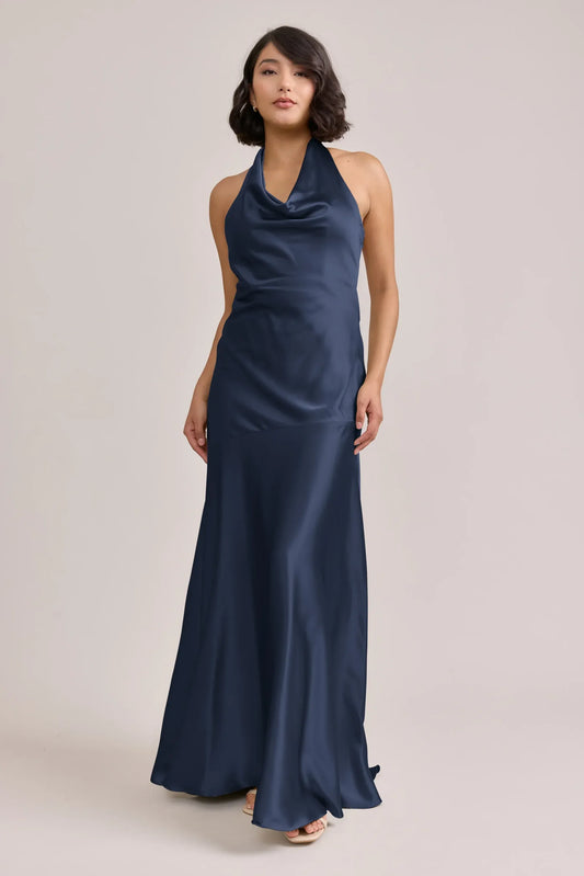 Navy Blue Mermaid Halter Satin Button Back Wedding Dress - Yihuiw by Yihuiw