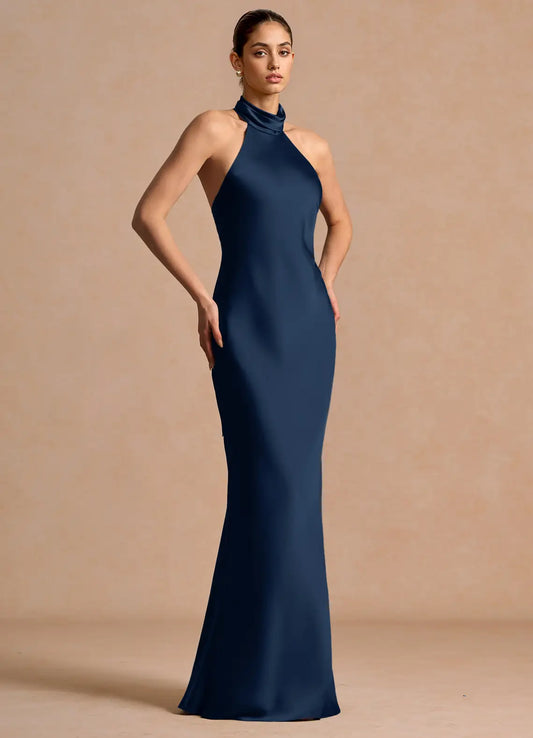 Navy Blue Mermaid Halter Floor-Length Wedding Dress - Yihuiw by Yihuiw