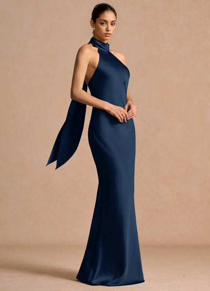 Navy Blue Mermaid Halter Floor-Length Wedding Dress - Yihuiw by Yihuiw