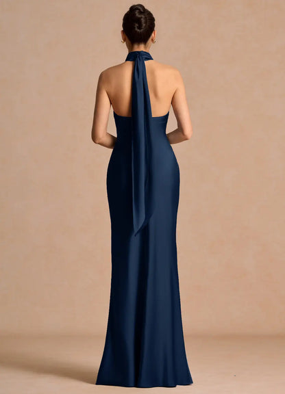 Navy Blue Mermaid Halter Floor-Length Wedding Dress - Yihuiw by Yihuiw