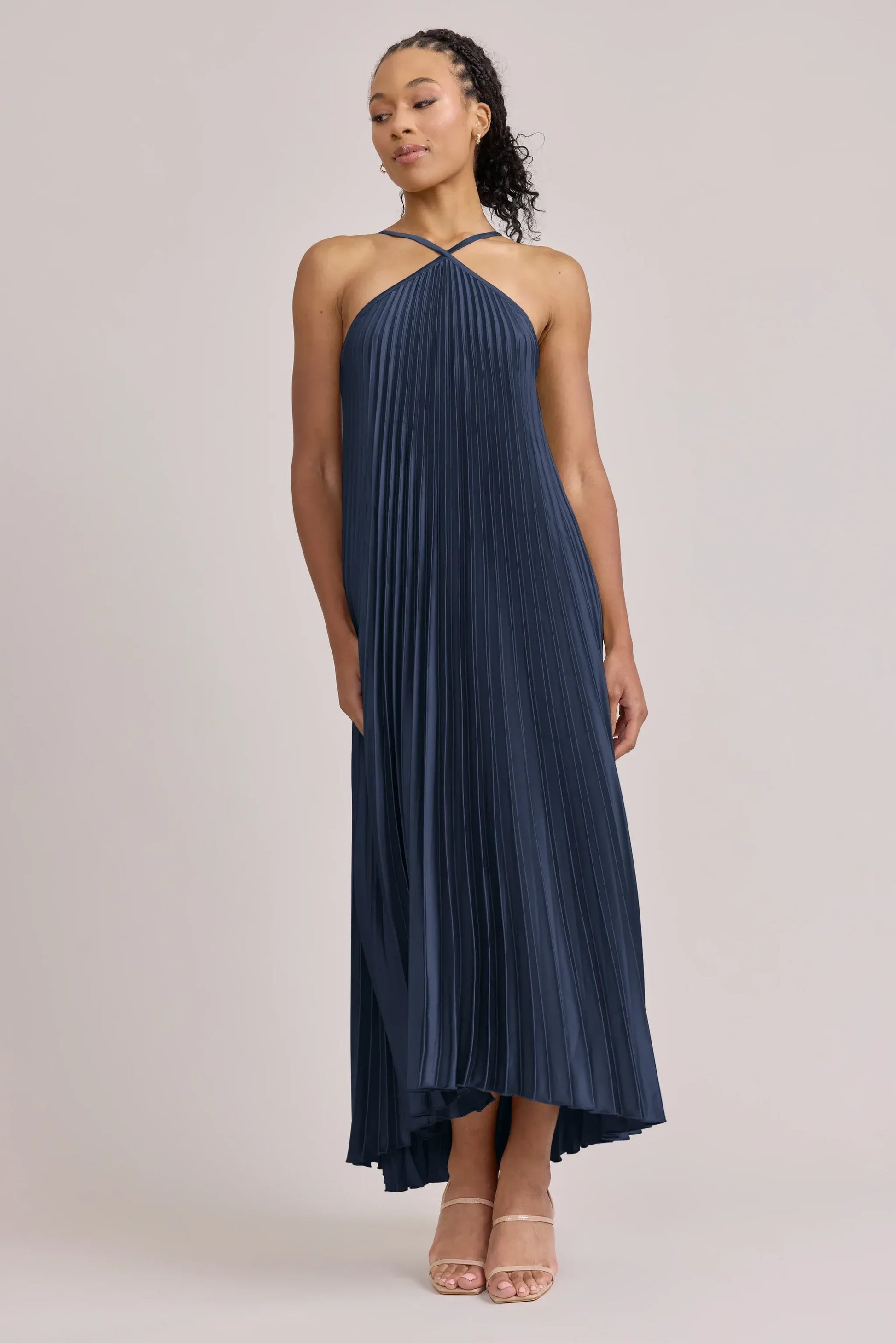 Navy Blue Halter Sleeveless Backless Pleated Midi Wedding Dress - Yihuiw by Yihuiw