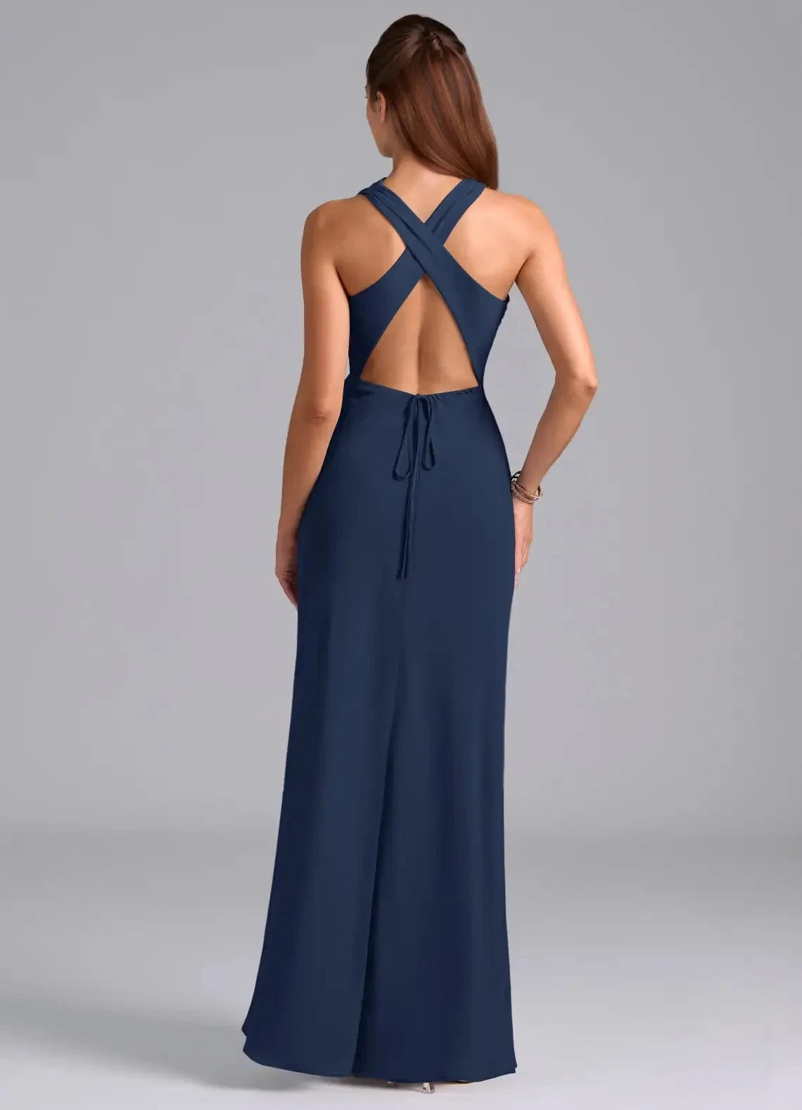 Navy Blue High Neck Crisscross Back Evening Gown A-Line Pleated Chiffon Dress Bridesmaid Dresses by YiHuiw