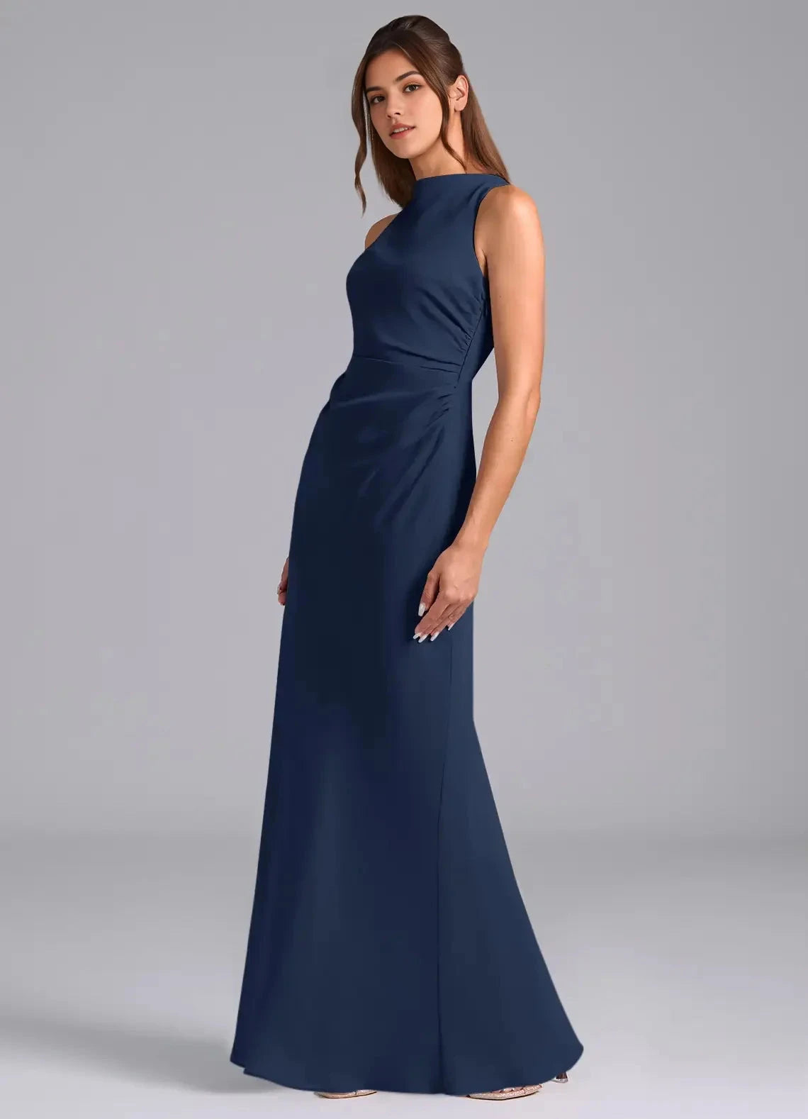 Navy Blue High Neck Crisscross Back Evening Gown A-Line Pleated Chiffon Dress Bridesmaid Dresses by YiHuiw