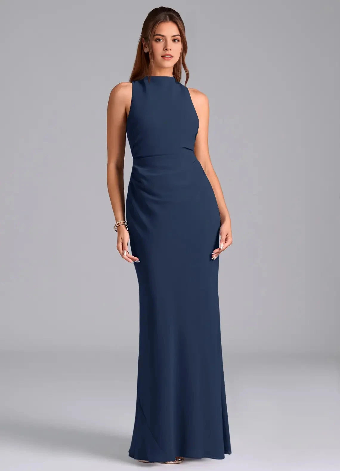 Navy Blue High Neck Crisscross Back Evening Gown A-Line Pleated Chiffon Dress Bridesmaid Dresses by YiHuiw