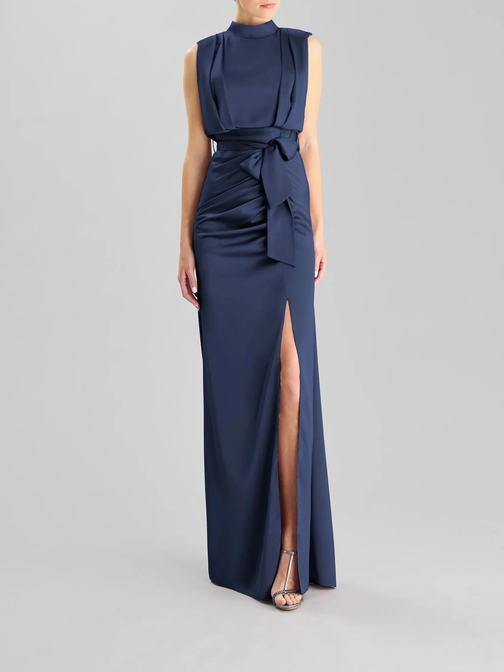 Navy Blue High Neck Maxi Dress with Belted Slit High-neck sheath party dress Bridesmaid Dresses by YiHuiw