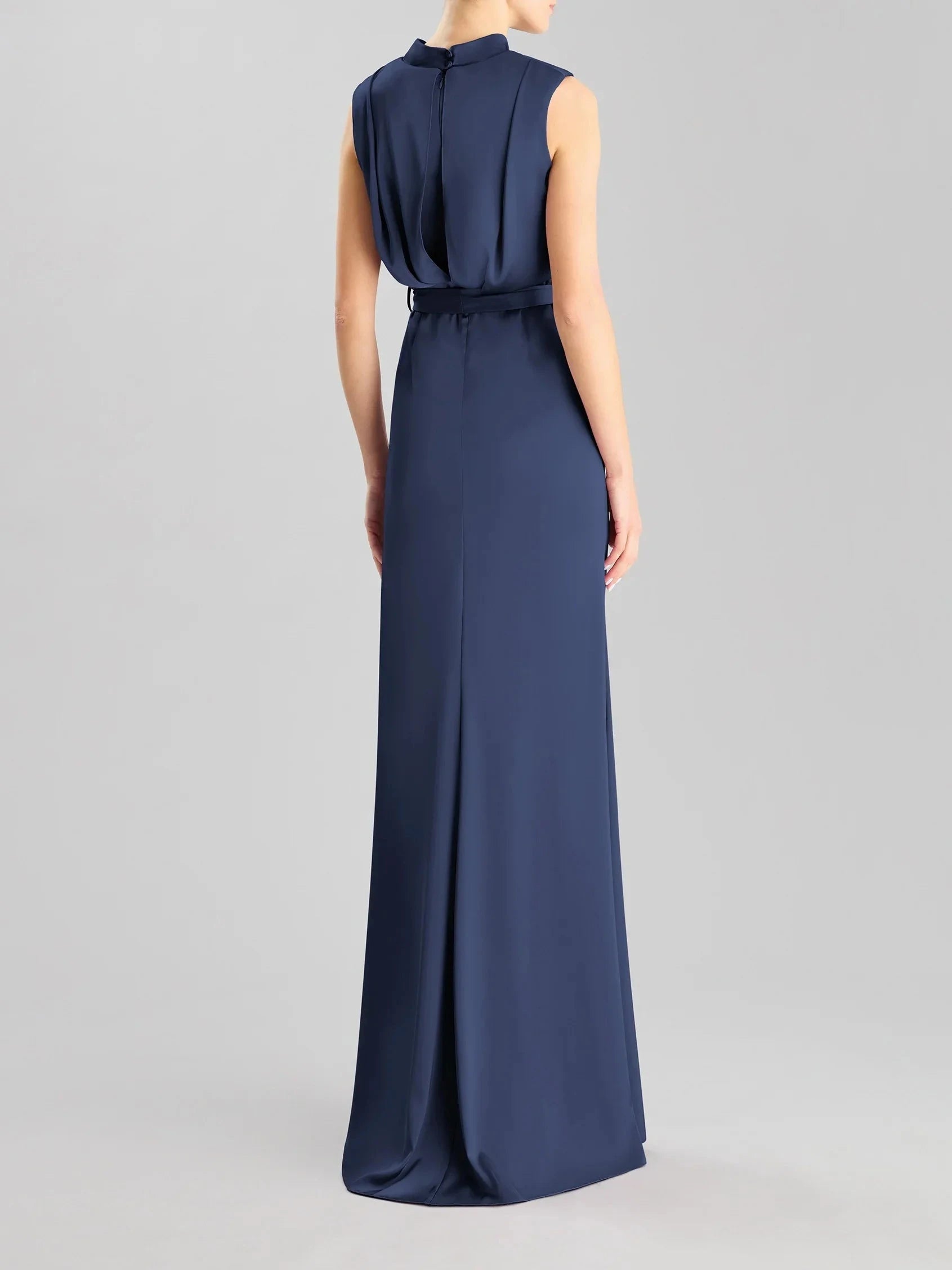 Navy Blue High Neck Maxi Dress with Belted Slit High-neck sheath party dress Bridesmaid Dresses by YiHuiw