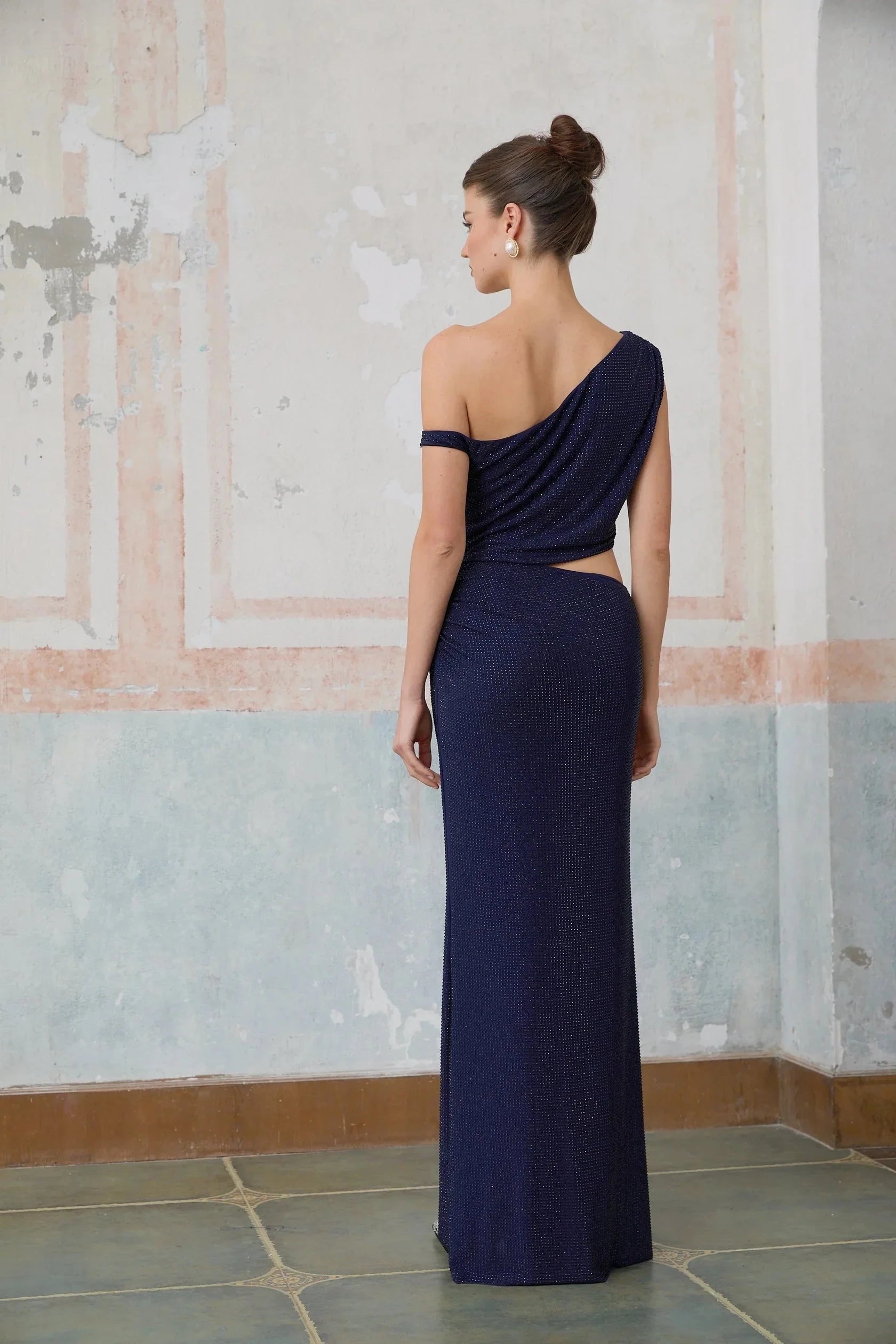 Navy Blue One - Shoulder Cutout Maxi Dress blue cut-out rhinestone maxi dress Evening Dress by YiHuiw