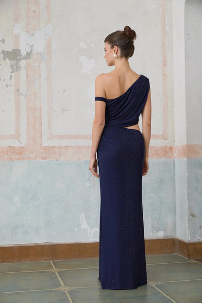 Navy Blue One - Shoulder Cutout Maxi Dress blue cut-out rhinestone maxi dress Evening Dress by YiHuiw