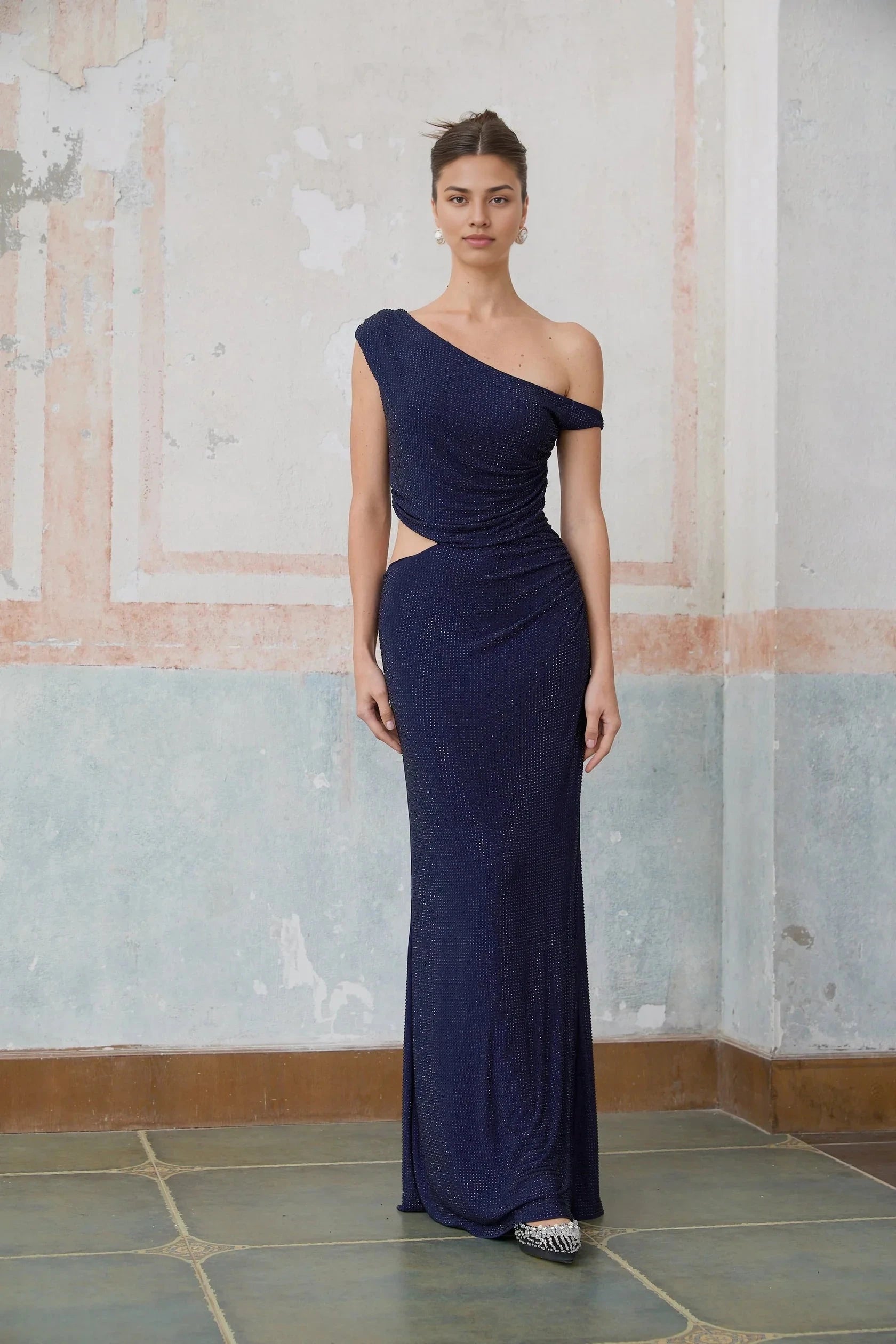 Navy Blue One - Shoulder Cutout Maxi Dress blue cut-out rhinestone maxi dress Evening Dress by YiHuiw