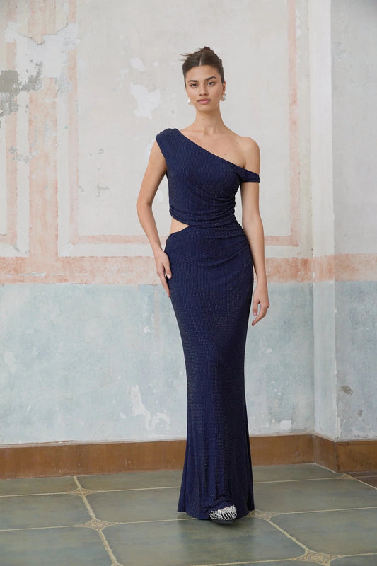Navy Blue One - Shoulder Cutout Maxi Dress blue cut-out rhinestone maxi dress Evening Dress by YiHuiw