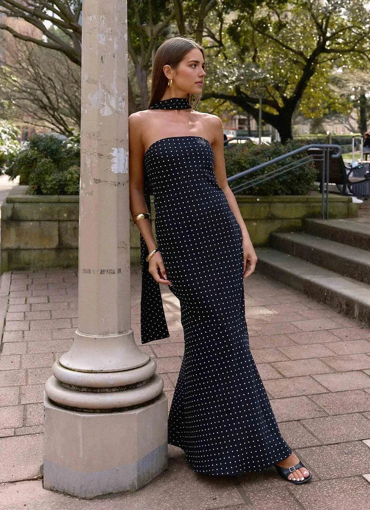 Navy Blue Polka Dot Strapless Maxi Dress with Neck Tie Silicone taping on neckline Bridesmaid Dresses by YiHuiw