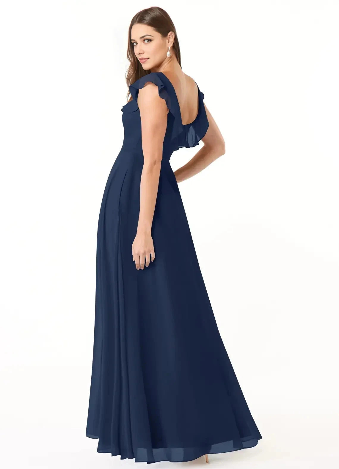 Navy Blue Ruffled Square Neck Maxi Dress with Side Slit Dark Navy A-Line Square Neckline Chiffon Dress Bridesmaid Dresses by YiHuiw