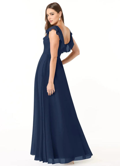 Navy Blue Ruffled Square Neck Maxi Dress with Side Slit Dark Navy A-Line Square Neckline Chiffon Dress Bridesmaid Dresses by YiHuiw