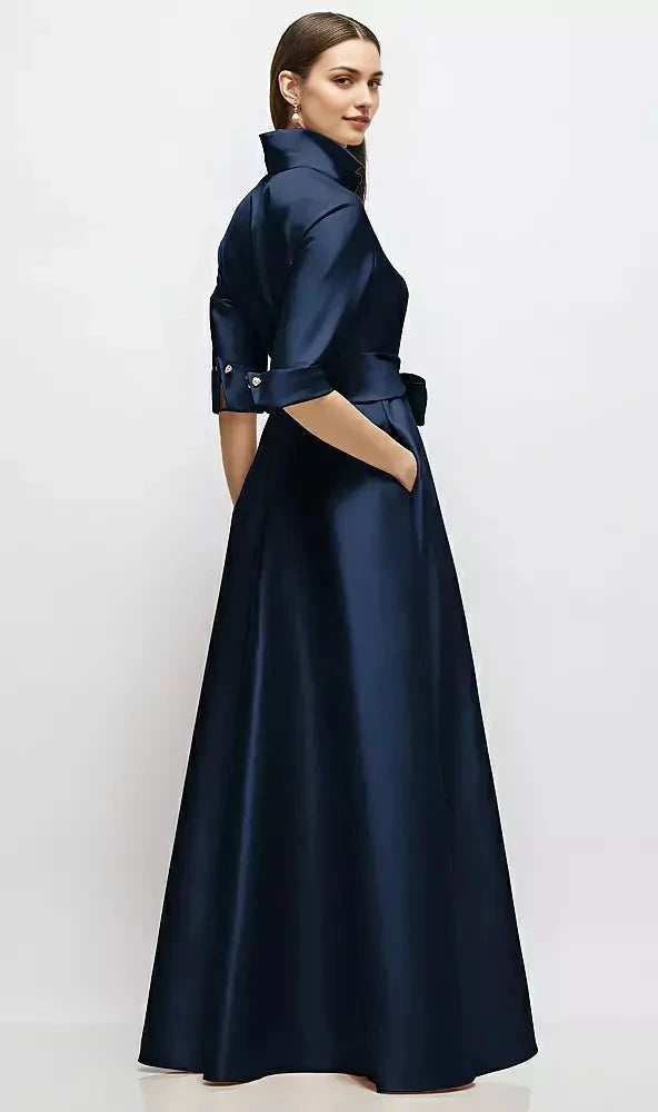 Navy Blue Satin Shirt Maxi Dress with Tie Belt Long Satin Twill Shirt Dress Mother of the Bride Dresses by YiHuiw