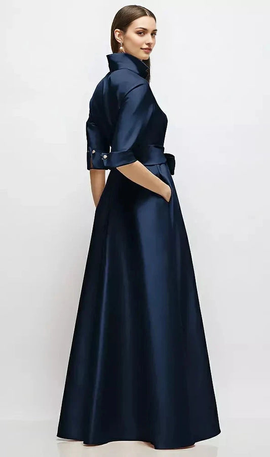 Navy Blue Satin Shirt Maxi Dress with Tie Belt Long Satin Twill Shirt Dress Mother of the Bride Dresses by YiHuiw