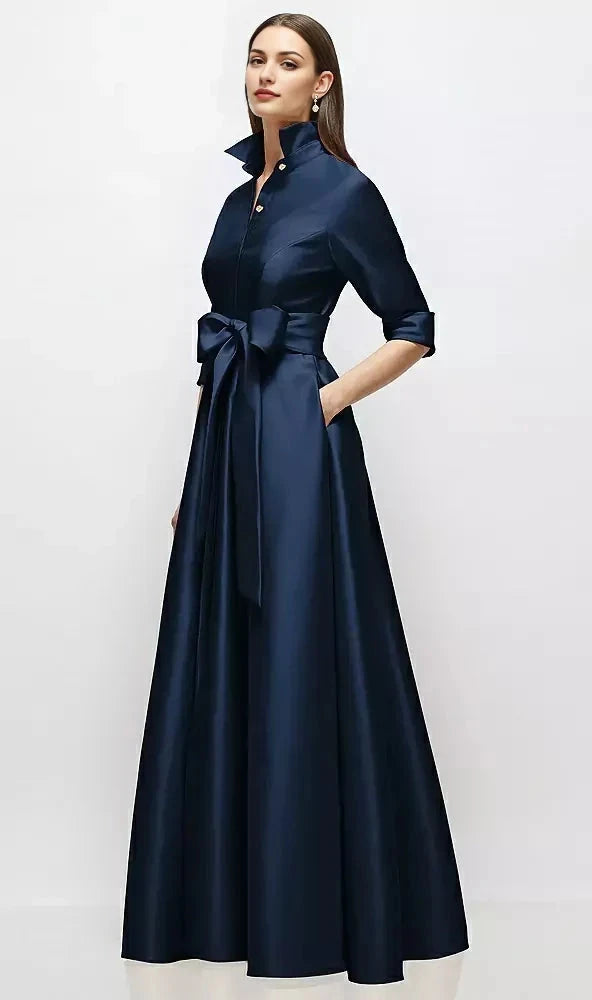 Navy Blue Satin Shirt Maxi Dress with Tie Belt Long Satin Twill Shirt Dress Mother of the Bride Dresses by YiHuiw