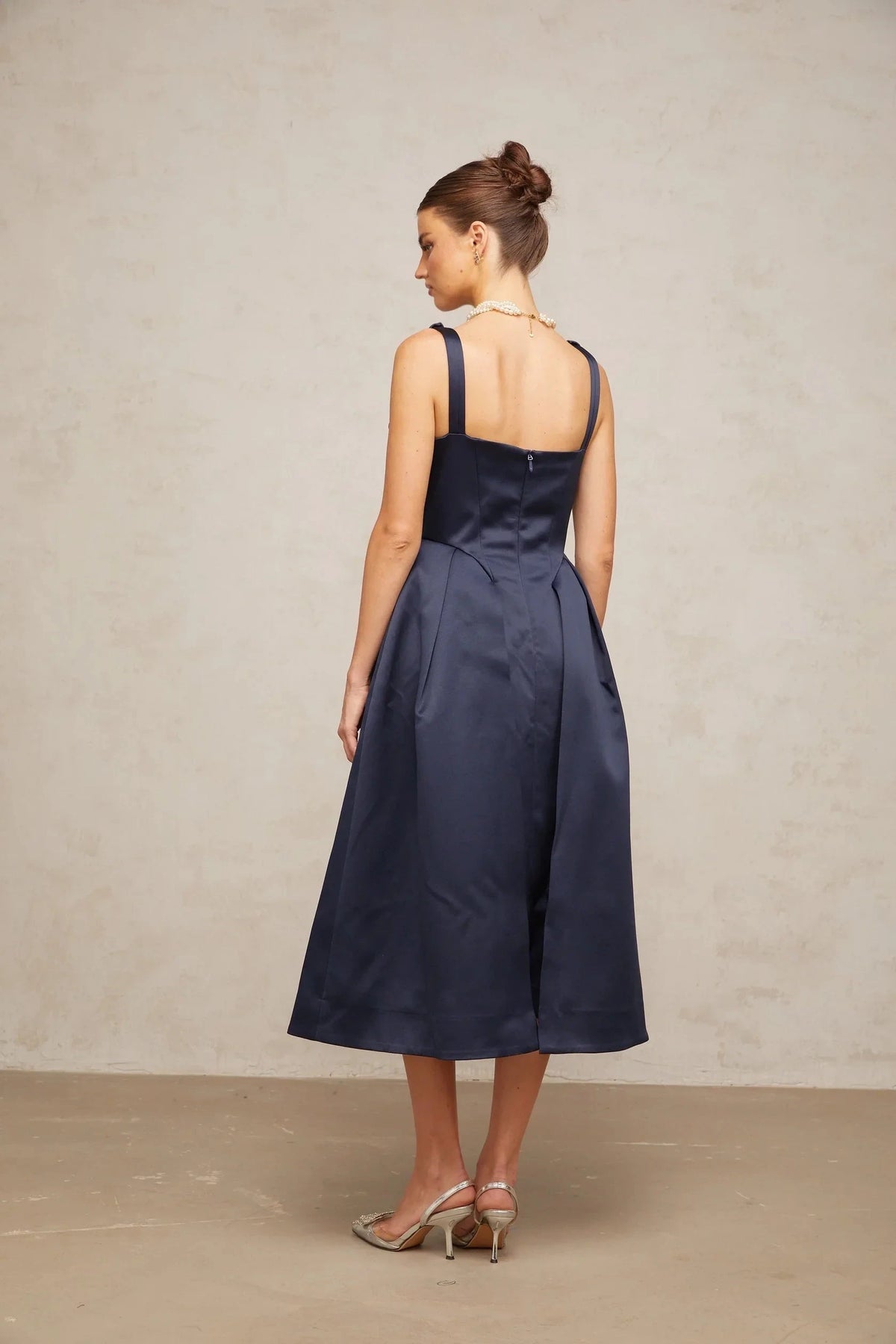 Navy Blue Satin V - Neck Midi Dress blue twist-detail satin midi dress Evening Dress by YiHuiw