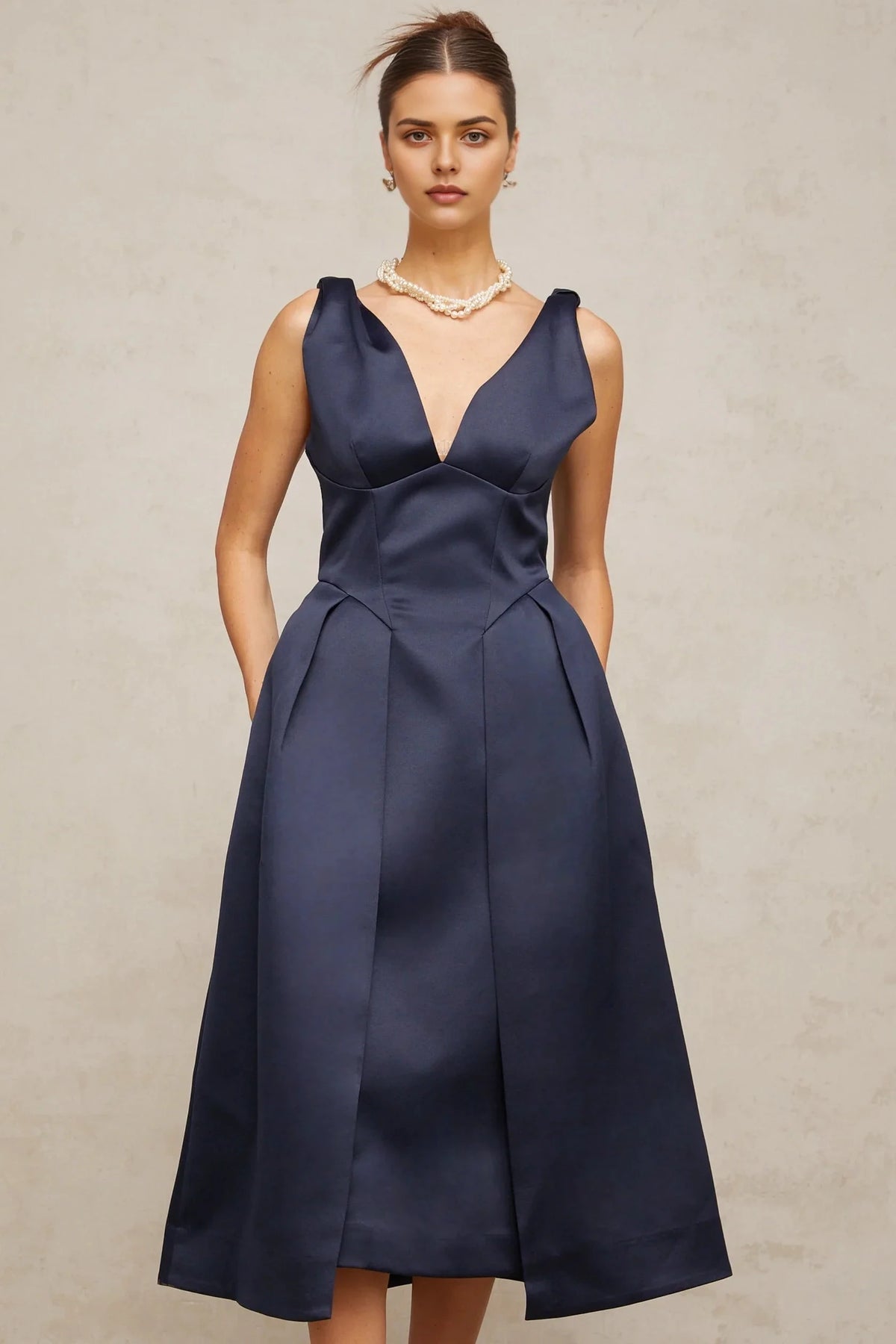 Navy Blue Satin V - Neck Midi Dress blue twist-detail satin midi dress Evening Dress by YiHuiw