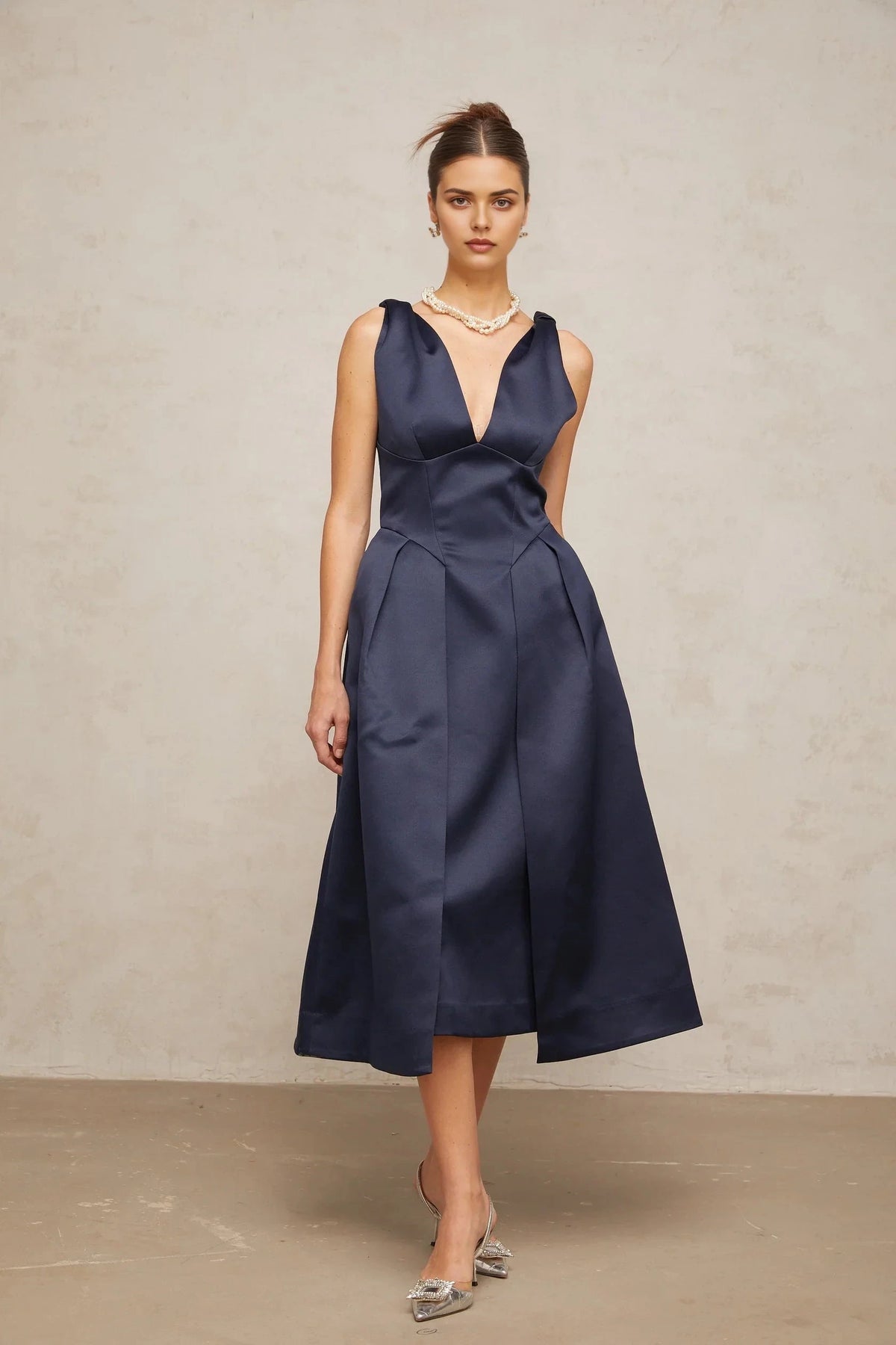 Navy Blue Satin V - Neck Midi Dress blue twist-detail satin midi dress Evening Dress by YiHuiw