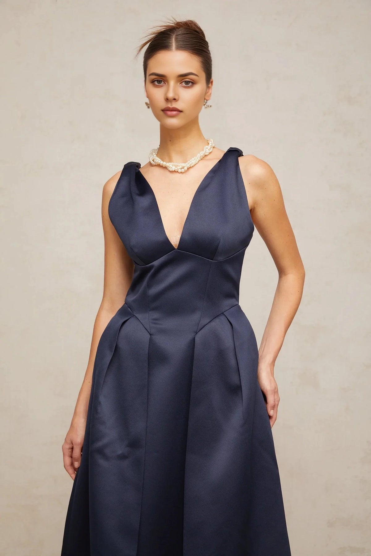 Navy Blue Satin V - Neck Midi Dress blue twist-detail satin midi dress Evening Dress by YiHuiw