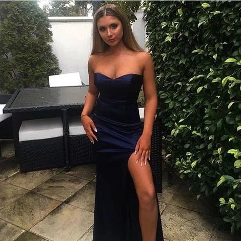 Navy Blue Strapless Satin Maxi Dress with High Slit Charming Prom Dress, Sleeveless Prom Dress, Sexy Split Side Prom Dress Party Dresses by YiHuiw