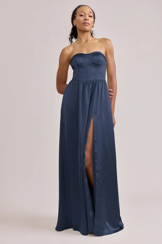 Navy Blue A-Line Sweetheart Satin Lace-Up Back High Slit Wedding Dress - Yihuiw by Yihuiw