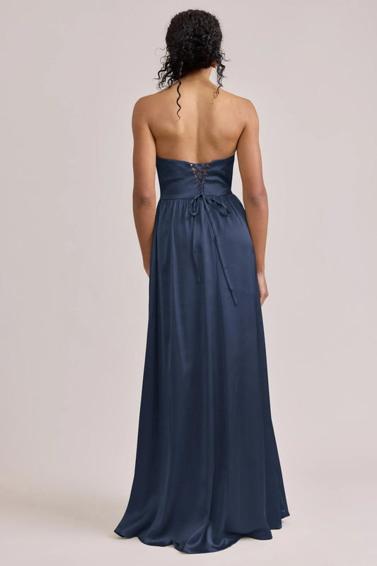 Navy Blue A-Line Sweetheart Satin Lace-Up Back High Slit Wedding Dress - Yihuiw by Yihuiw