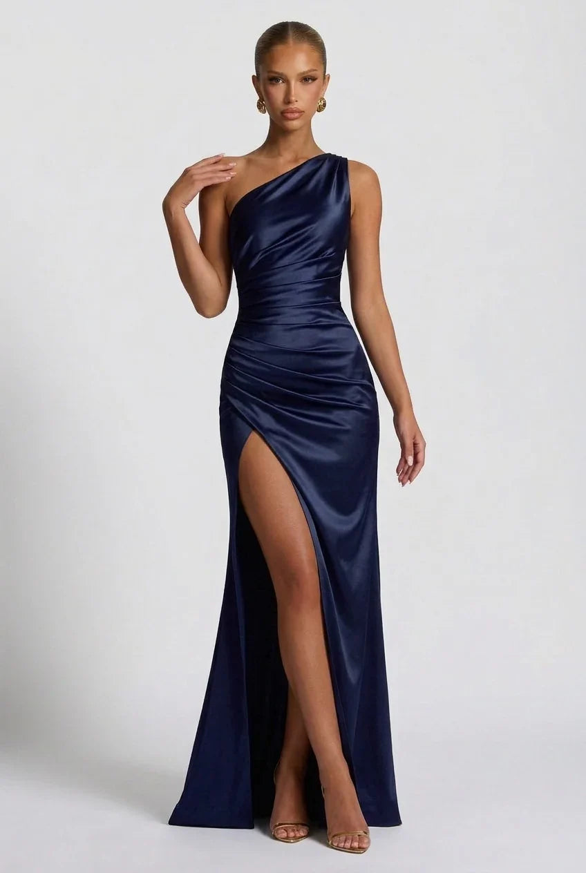 Navy Mermaid One-Shoulder High Slit Floor-Length Wedding Dress - Yihuiw by Yihuiw